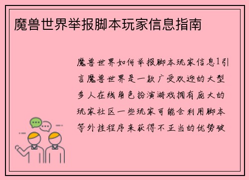 魔兽世界举报脚本玩家信息指南